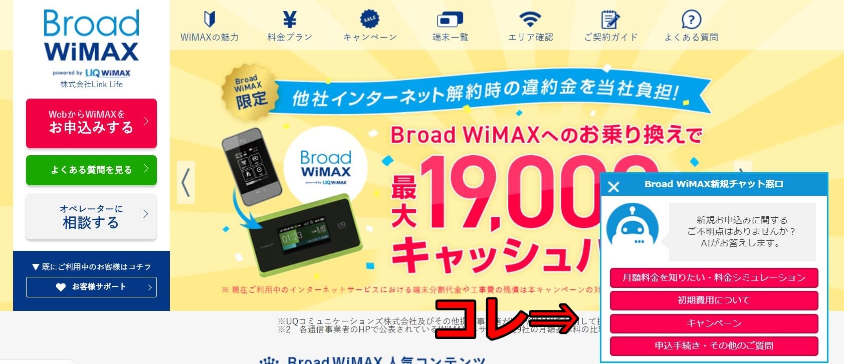 BroadWiMAX　チャットサポート